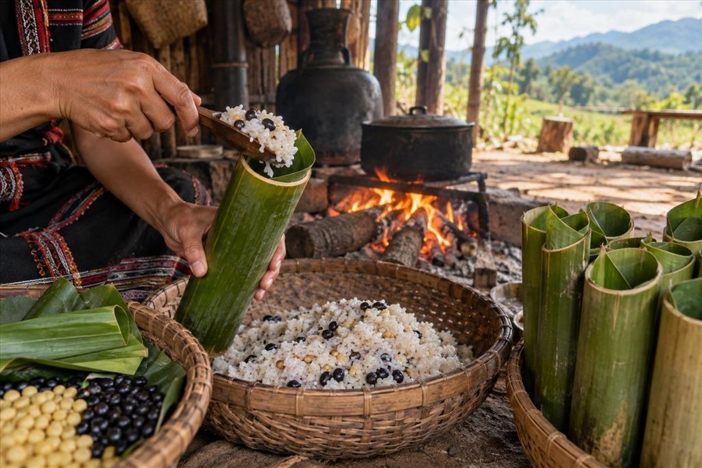 Cơm lam, gà nướng và bếp lửa Tây Nguyên: hương vị từ ống lồ ô đến mâm chung