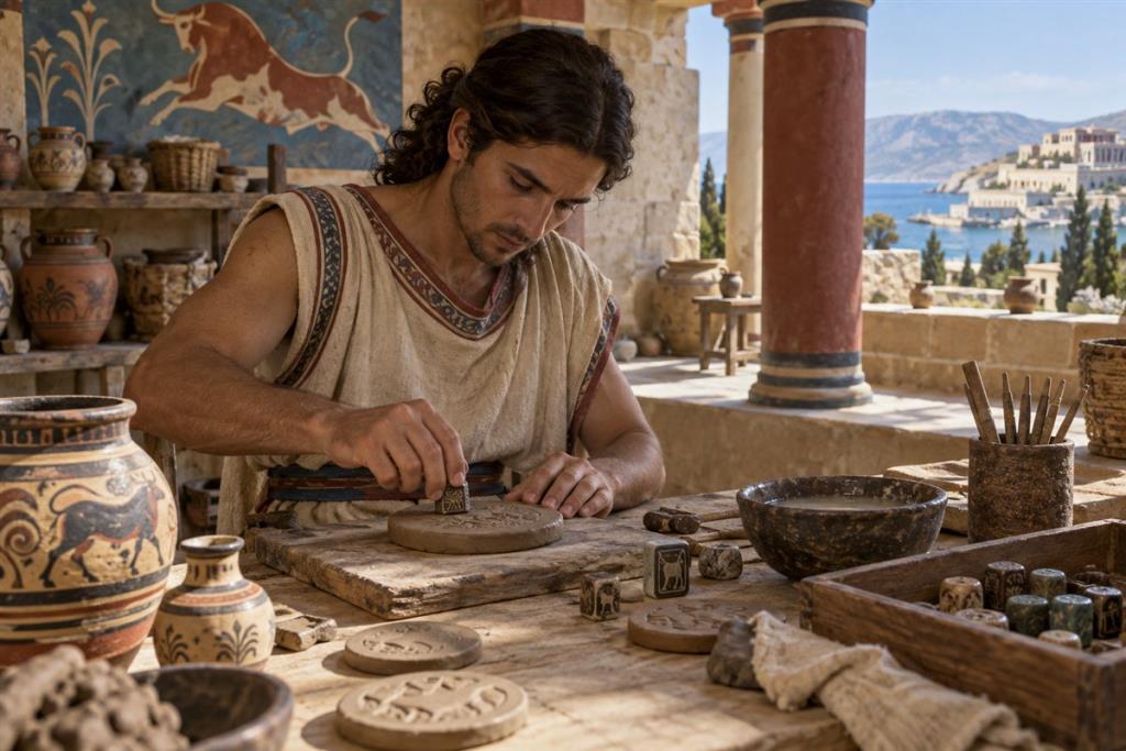 Nghệ nhân Minoan dùng con dấu tạo ký hiệu xoắn ốc trên đĩa đất sét