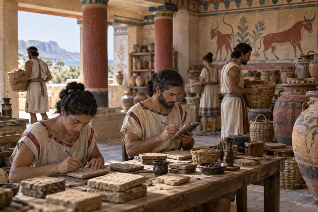 Người ghi chép Minoan lập sổ hành chính trên các bảng đất sét