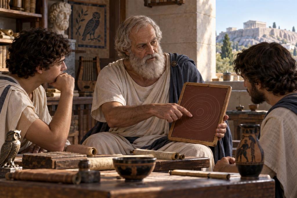 Minh họa hải đảo đồng tâm trong câu chuyện Atlantis của Plato nhìn từ một tàu Hy Lạp cổ