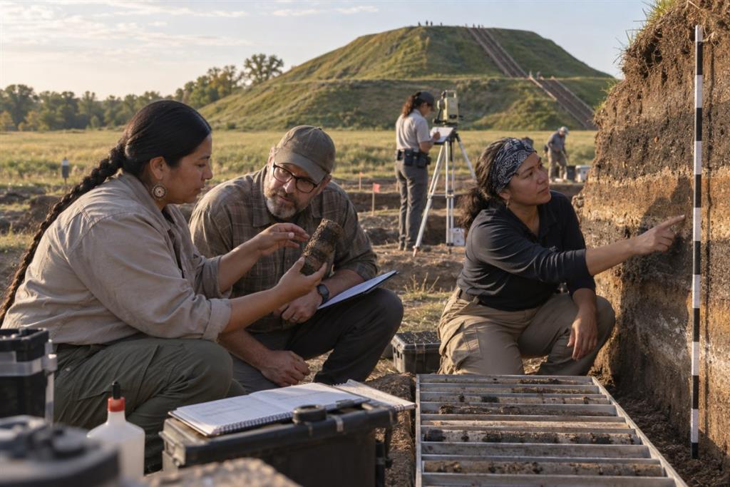 Minh họa Cahokia khoảng năm 1100 với Monks Mound, quảng trường và khu dân cư