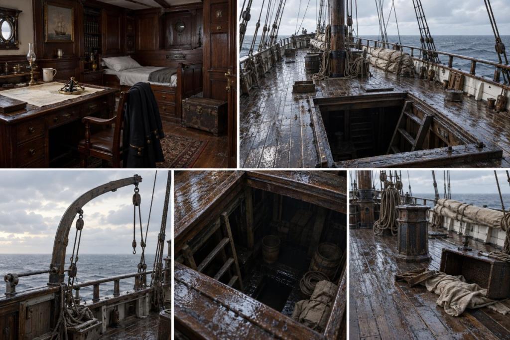 Minh họa khoang và boong tàu Mary Celeste sau khi bị bỏ lại