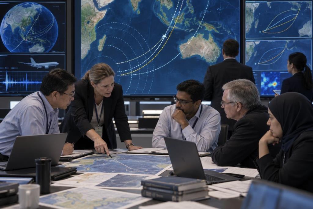 Illustration of the investigation team analyzing MH370 satellite arcs