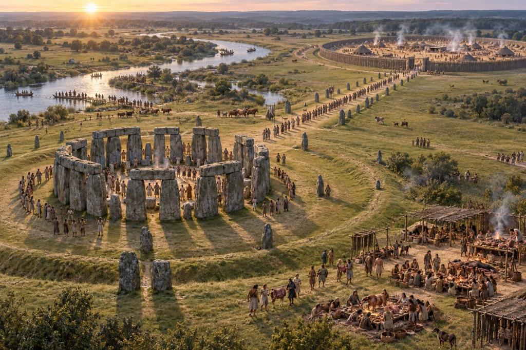Công trường Stonehenge thời đồ đá mới với dây thừng và khung gỗ