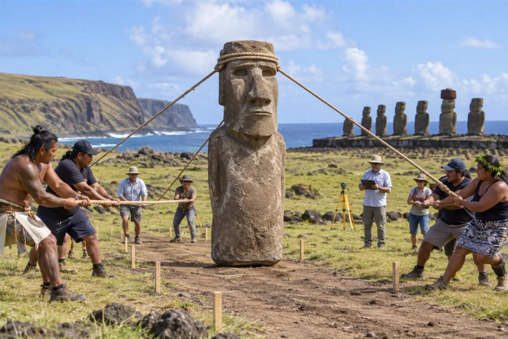 Cộng đồng Rapa Nui điều khiển tượng moai đứng bằng ba sợi dây