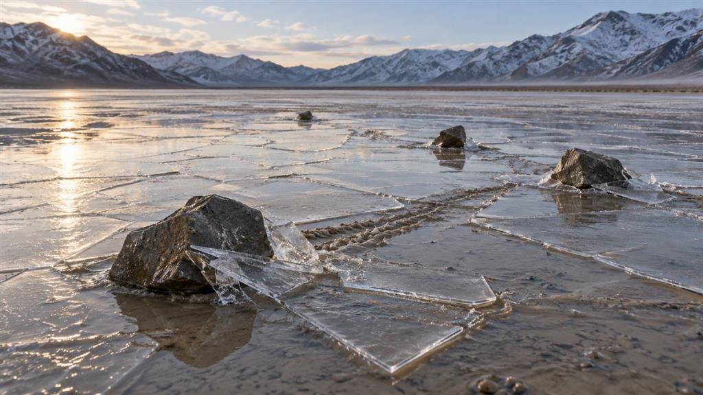 Băng mỏng đẩy các hòn đá trên Racetrack Playa