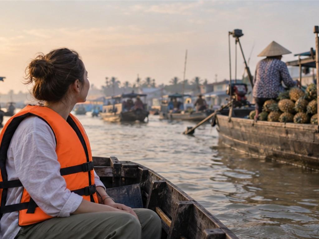 Chợ nổi hoạt động từ sớm theo nhịp mua bán nông sản thực tế.