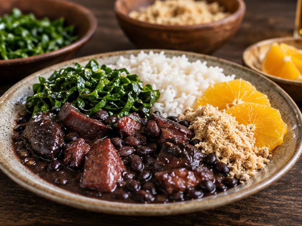 Đậu đen, cơm, rau xanh, cam và farofa cùng tạo cấu trúc cân bằng cho bữa ăn.