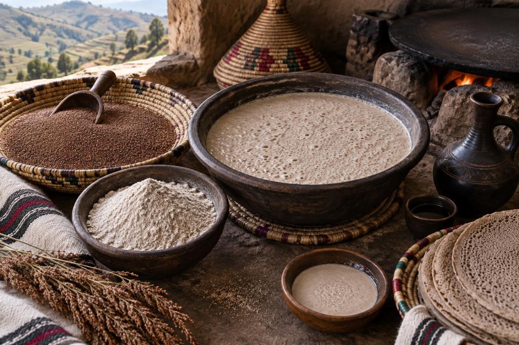Mâm injera với các món wot và rau