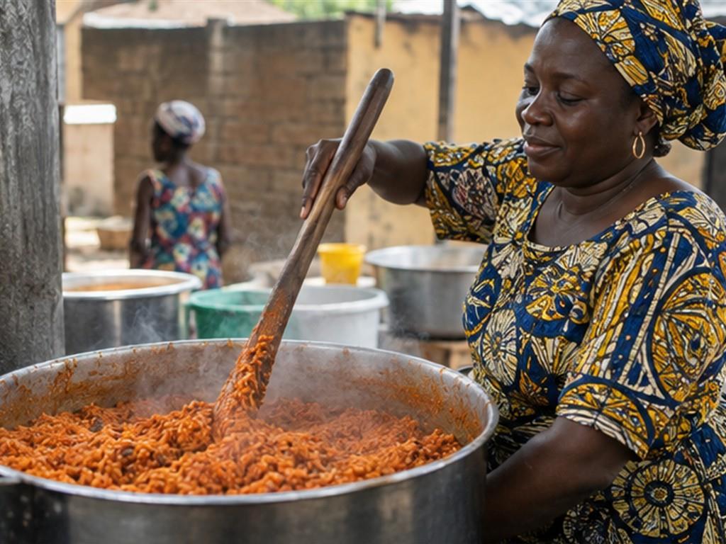Nền cà chua, gạo và gia vị tạo màu đỏ cam cùng chiều sâu cho jollof.