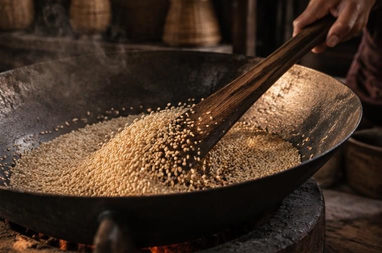 Mè xửng cắt miếng bên chén trà