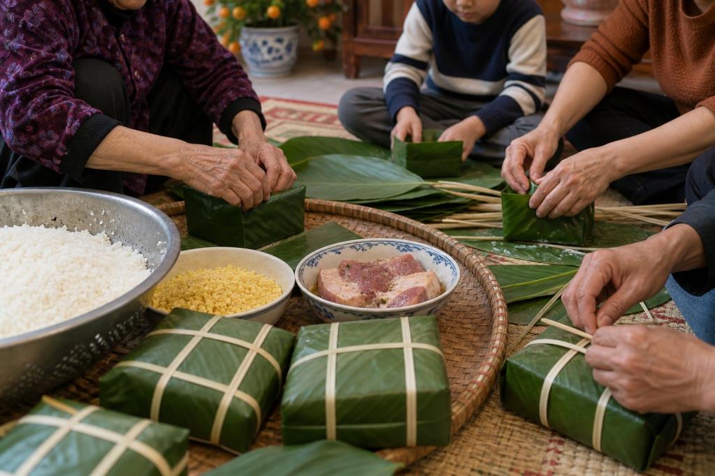 Nguyên liệu và công đoạn gói bánh chưng Bắc Bộ