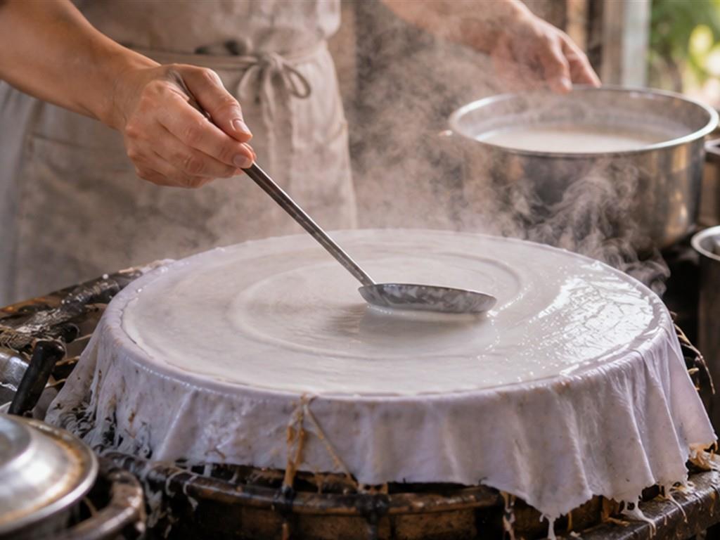 Tráng bánh đòi hỏi phối hợp chính xác giữa độ loãng của bột, hơi nước và thời gian.