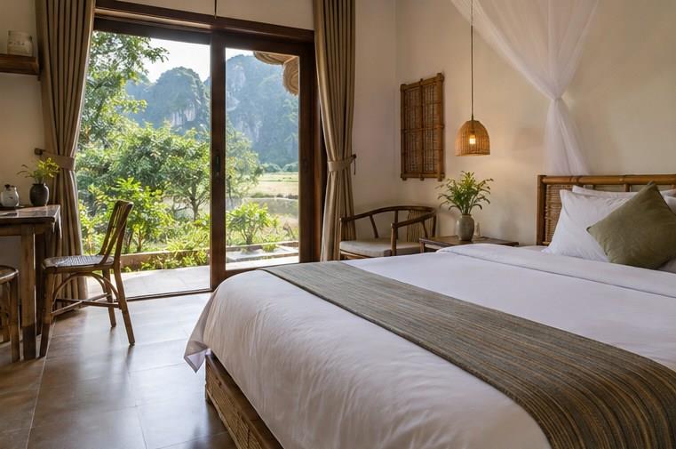 Khung cảnh núi đá vôi nhìn từ nơi lưu trú ở Tam Cốc