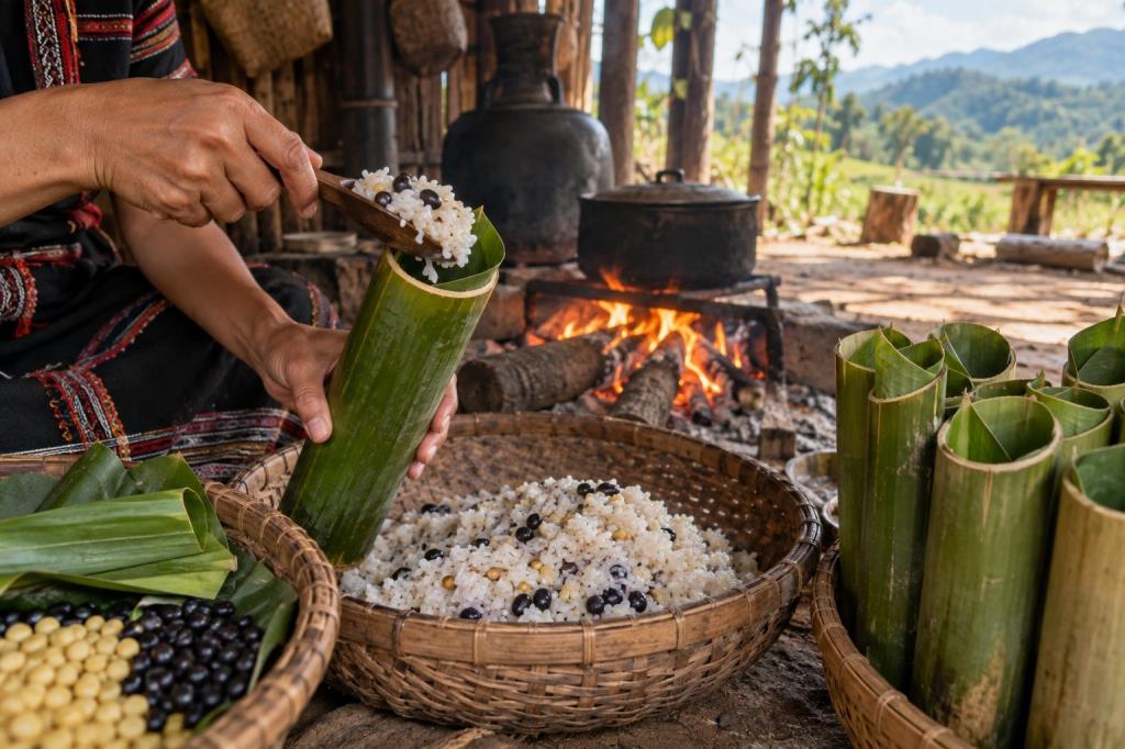 Chuẩn bị gạo nếp và ống tre để nấu cơm lam