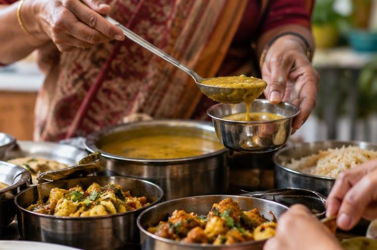 Một mâm thali với cơm, dal, rau và bánh