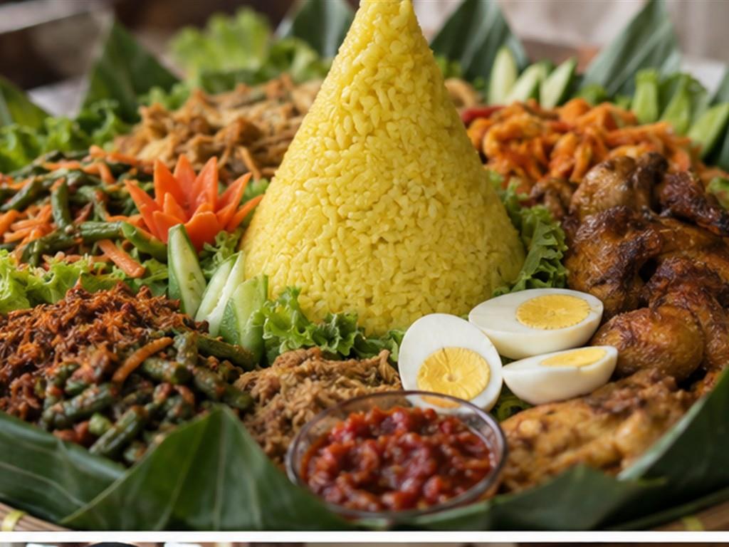 Cơm hình nón cùng các món ăn kèm tạo nên mâm tumpeng giàu màu sắc và cân bằng hương vị.