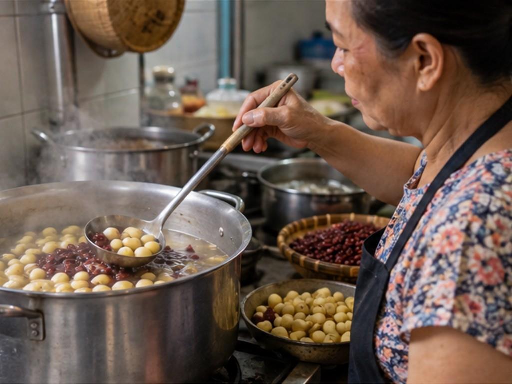 Một khay chè Việt có nhiều kết cấu từ đậu, hạt đến trái cây và nước cốt dừa.