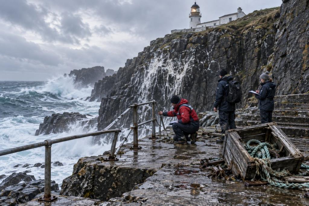 Minh họa điều tra hư hại tại bến phía tây Flannan Isles