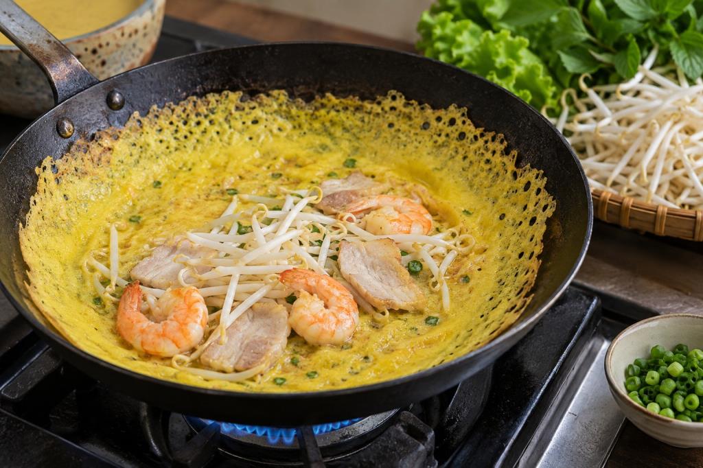 Đổ bánh xèo trên chảo nóng