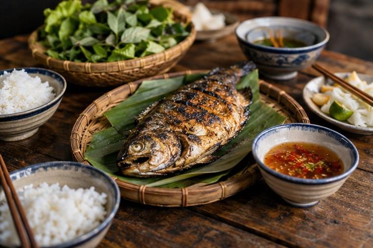 Cá phơi và chum mắm trong sân nhà ven biển