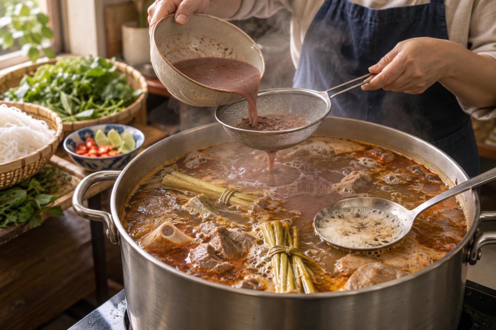 Lọc mắm ruốc vào nước dùng bún bò