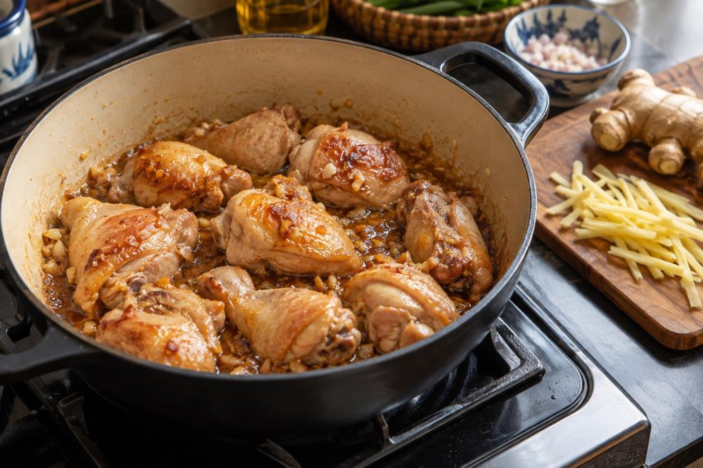 Làm săn thịt gà trước khi kho