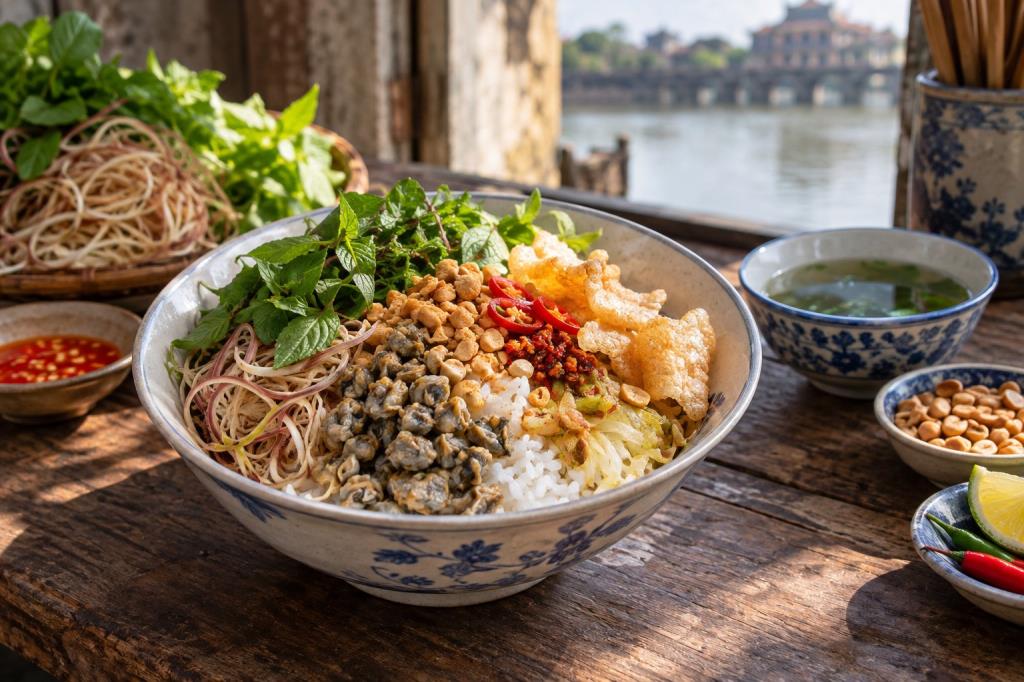 Tô cơm hến Huế với rau và thành phần giòn