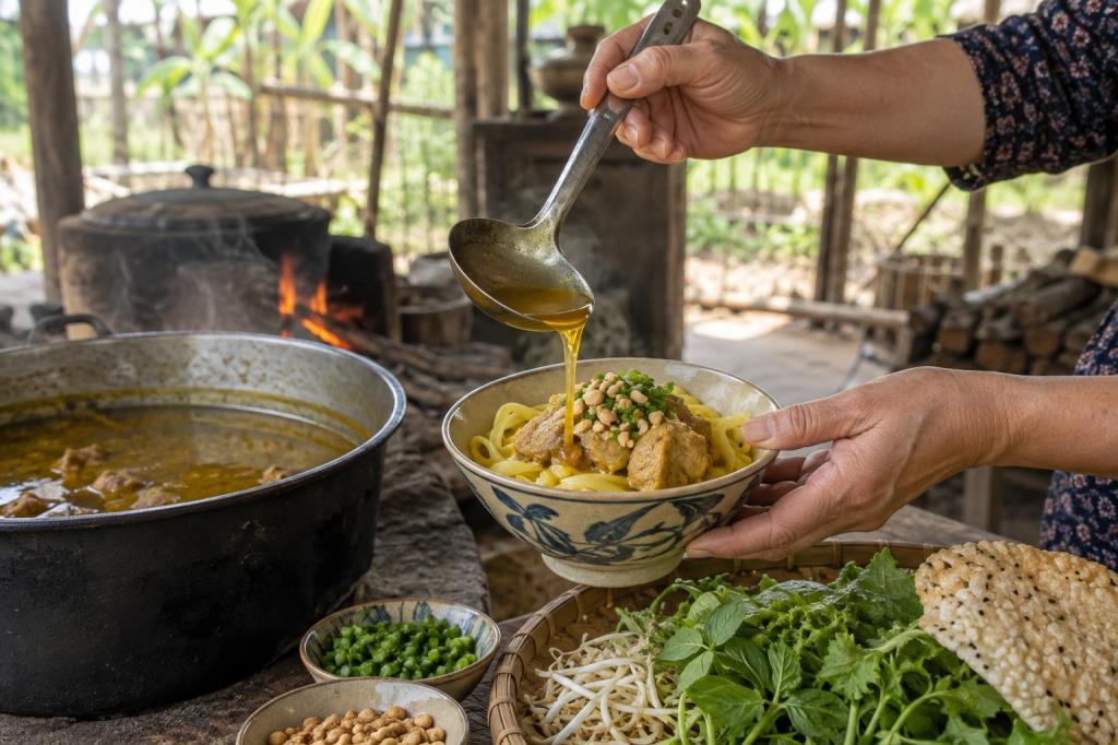 Chan lượng nước nhân vừa đủ vào tô mì Quảng