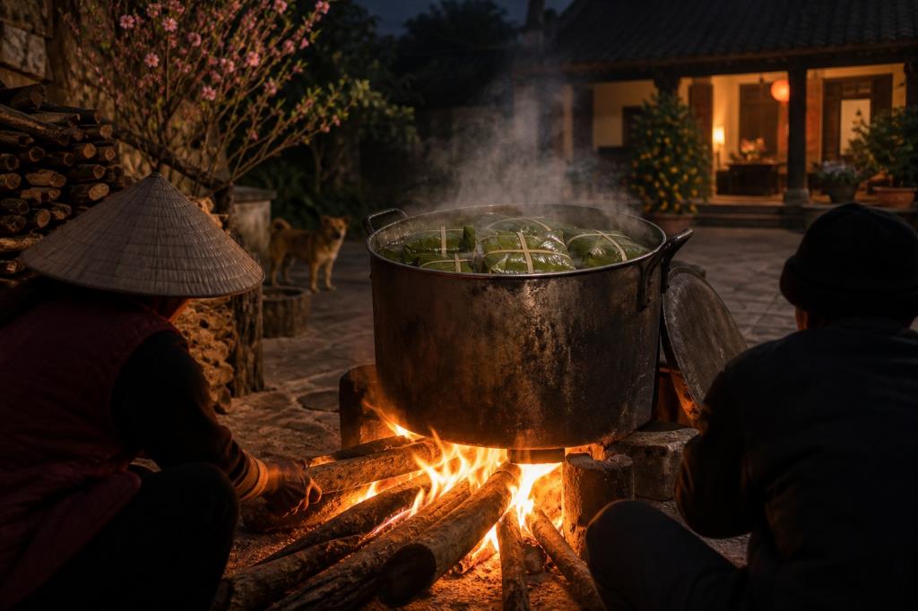 Nồi bánh chưng nấu qua đêm bên bếp lửa
