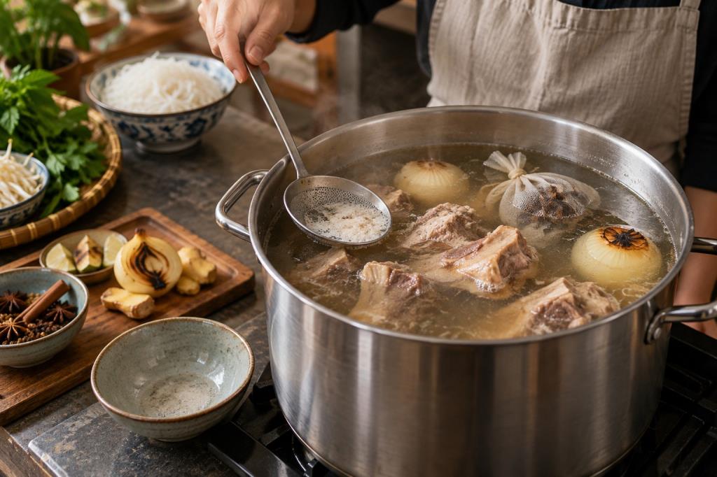 잔잔하게 끓고 있는 쌀국수 육수 냄비