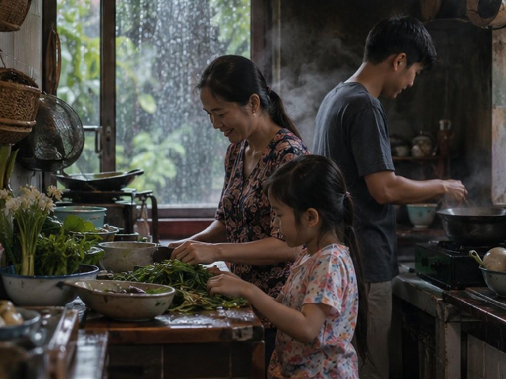 Canh và rau giúp mâm cơm đậm vị vẫn cân bằng.