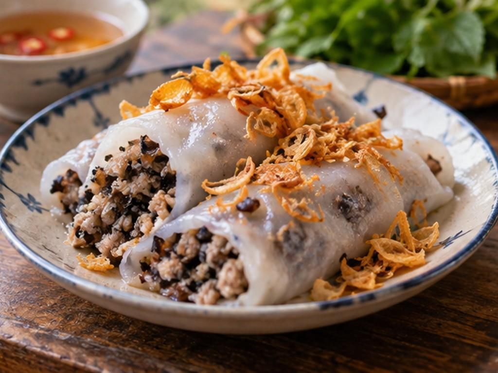 Nhân thịt, mộc nhĩ và hành phi tạo nên một trong nhiều phiên bản bánh cuốn.