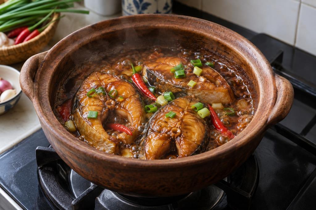 Cá kho tộ sôi nhẹ trong nồi đất