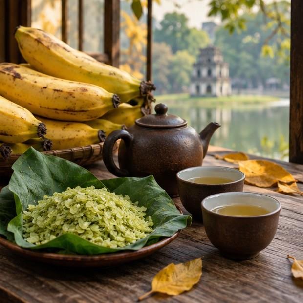Cốm dùng cùng trà và chuối chín