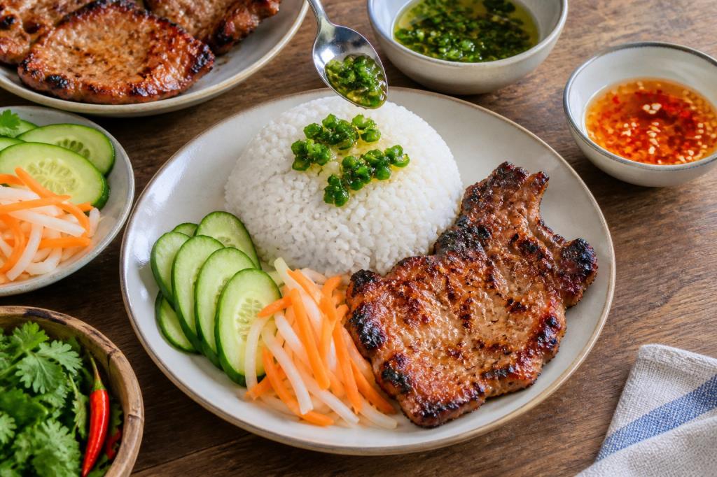Xếp đĩa cơm tấm sườn nướng