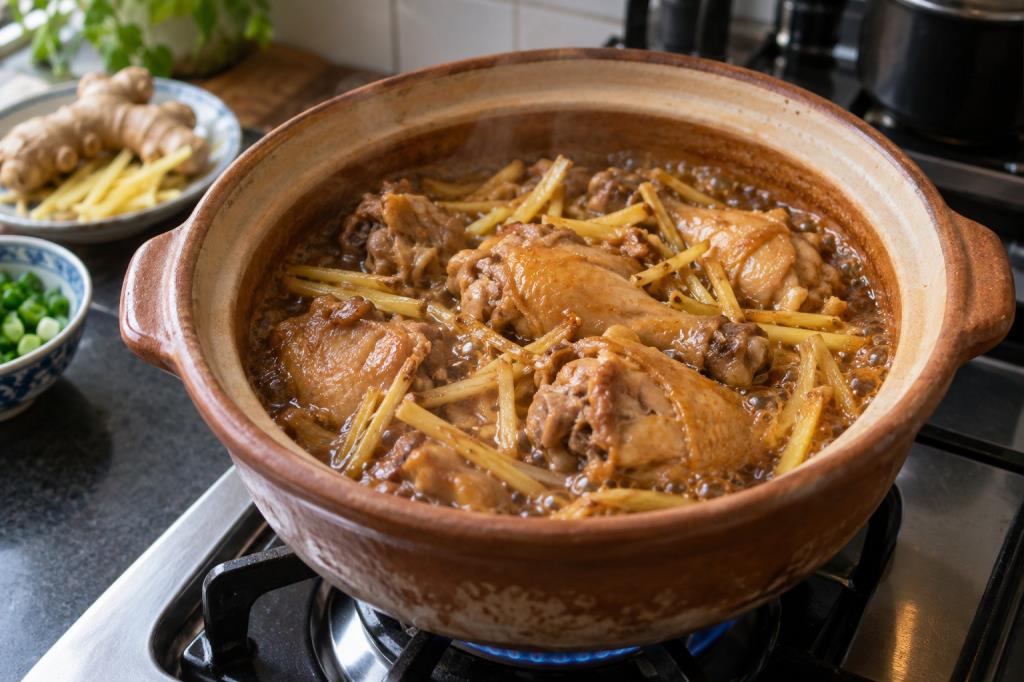Gà kho gừng sôi nhẹ