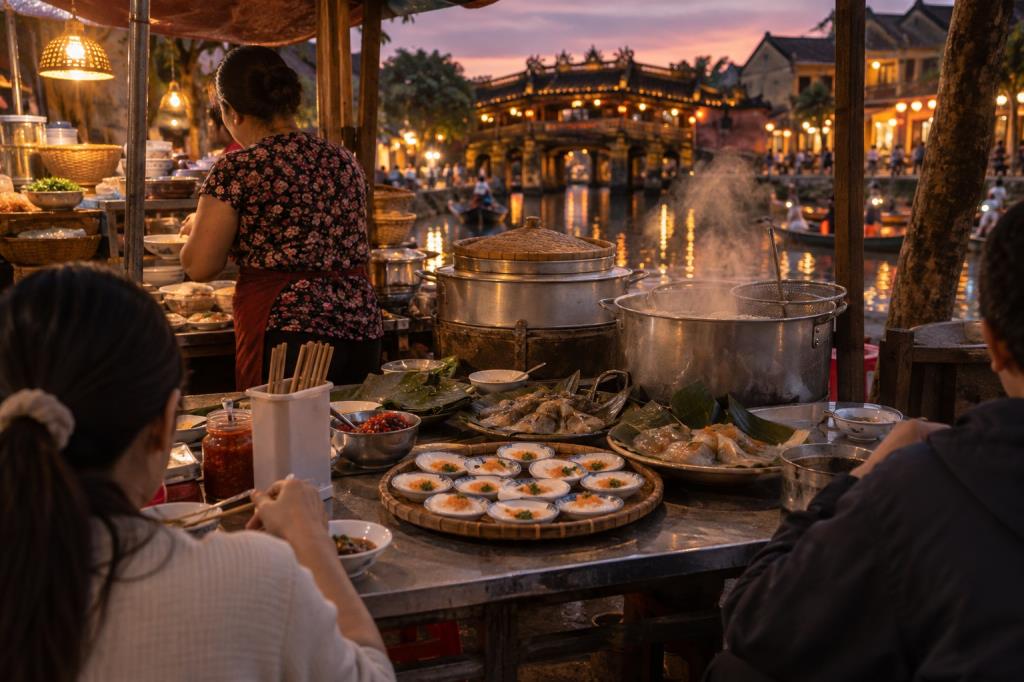 Không gian hàng quán món Huế vào buổi tối