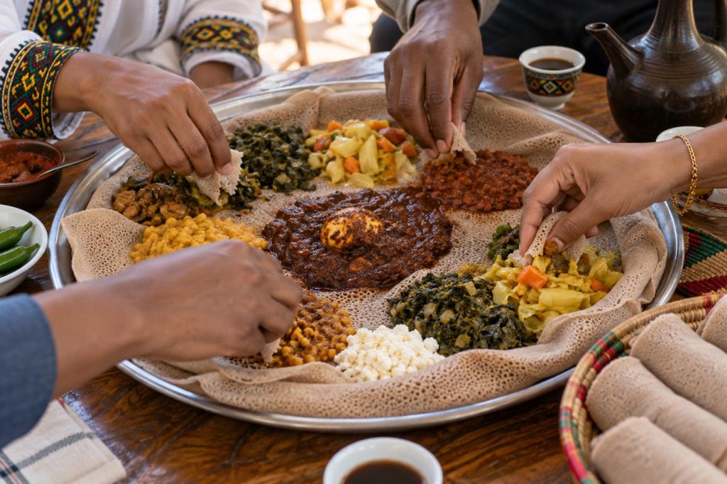 Mọi người chia sẻ món ăn trên mâm injera