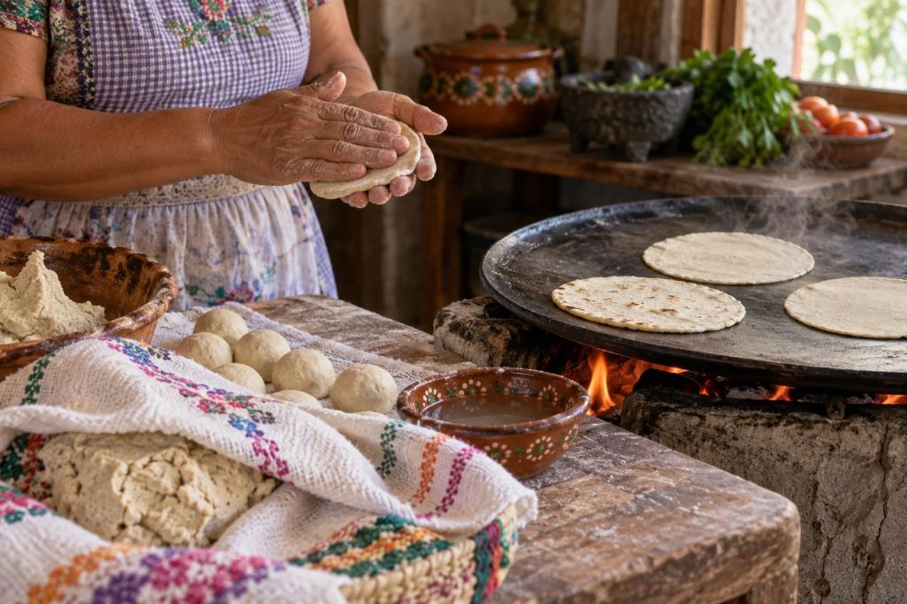 Ép và nướng tortilla ngô trên comal