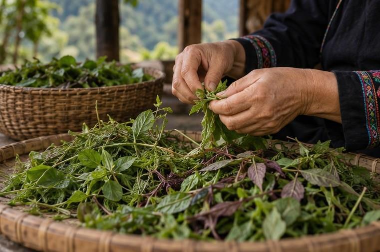 Gia đình quây quần dùng bữa trong nhà sàn