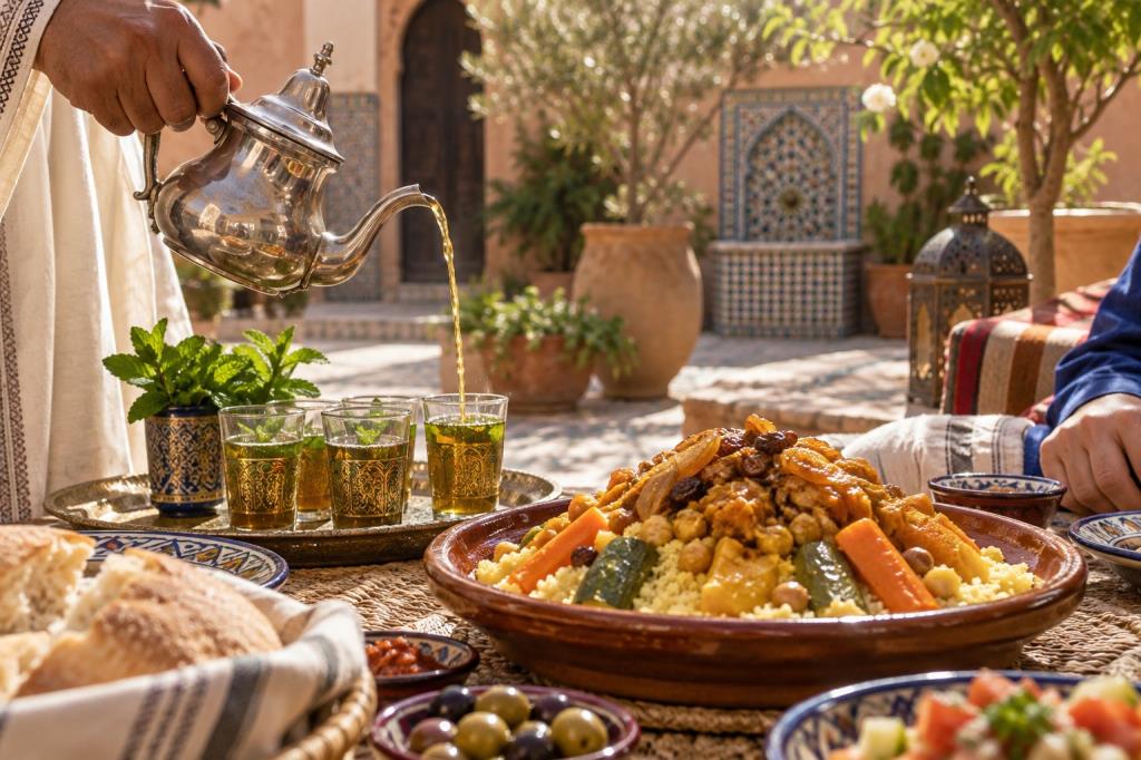 Rót trà bạc hà bên mâm couscous