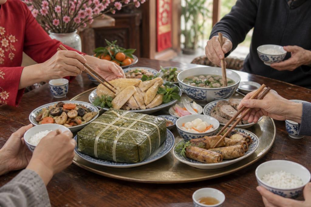 Gia đình dùng mâm cỗ Tết Bắc Bộ