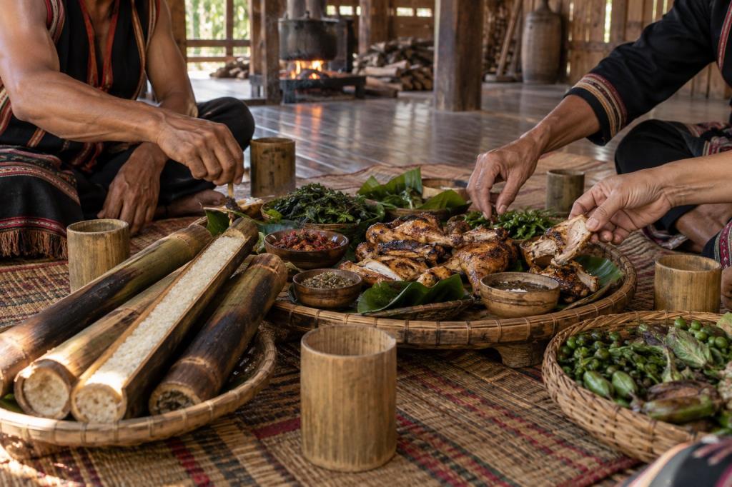 Mâm ăn chung với cơm lam và món nướng