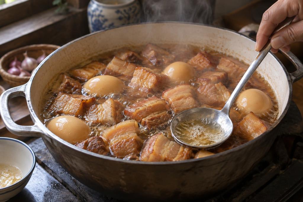 Thịt và trứng kho ở lửa nhỏ