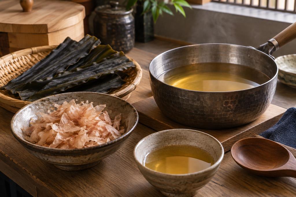 Kombu, cá bào và nước dashi màu hổ phách trong căn bếp Nhật